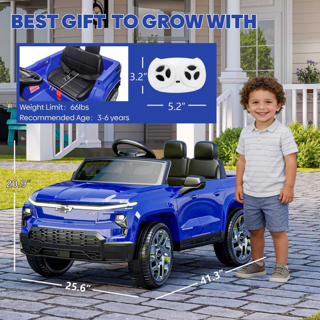 EVOKEDEN 24V Licensed Chevrolet Silverado Electric Car for Kids, Ride on Toys for Toddlers with Remote Control, Soft Start, LED Lights, Music Player, Seat Belts, Blue