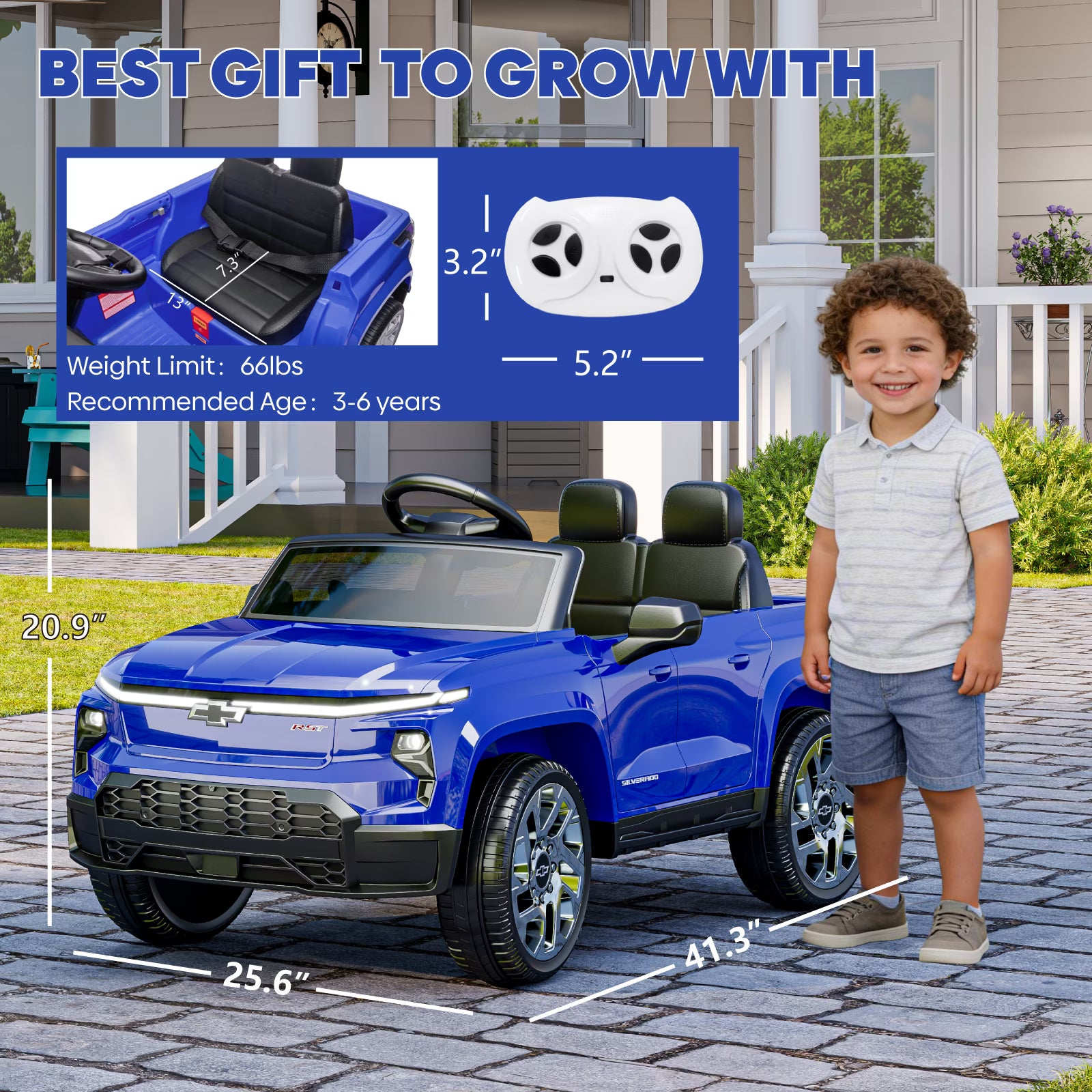 EVOKEDEN 24V Licensed Chevrolet Silverado Electric Car for Kids, Ride on Toys for Toddlers with Remote Control, Soft Start, LED Lights, Music Player, Seat Belts, Blue