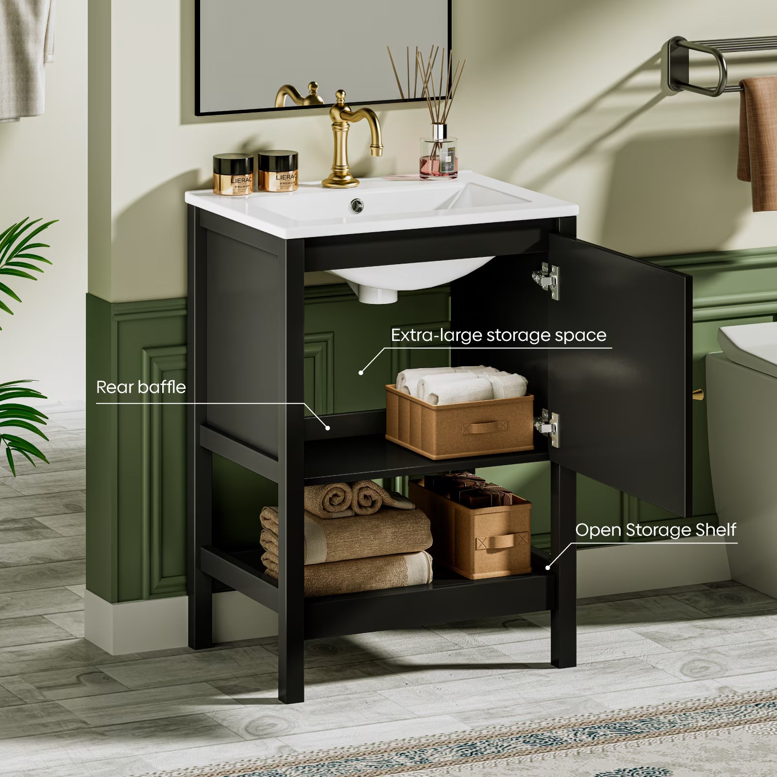 EVOKEDEN 24" Bathroom Vanity with Sink, Small Farmhouse Freestanding Bathroom Cabinet Combo Set, Soft Closing Door and Open Storage Shelf, Black