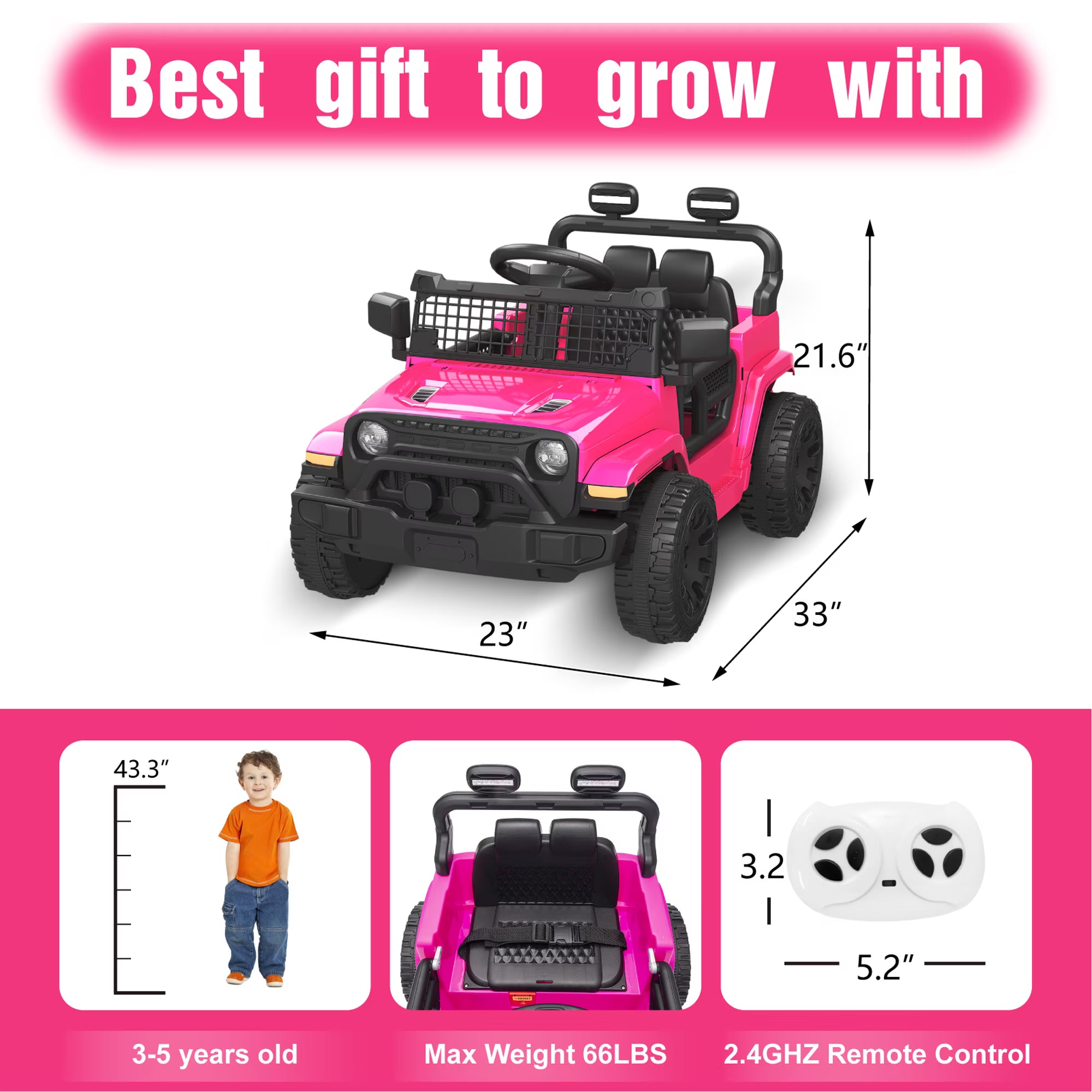 EVOKEDEN 12V Remote Control Ride On Car for Kids, Electric Toddler Car with Spring Suspension, LED Lights & Music, Pink