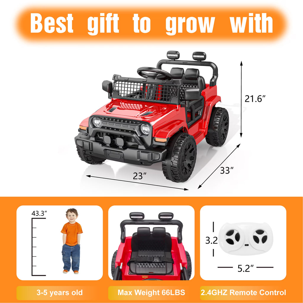 EVOKEDEN 12V Remote Control Ride On Car for Kids, Electric Toddler Car with Spring Suspension, LED Lights & Music, Red