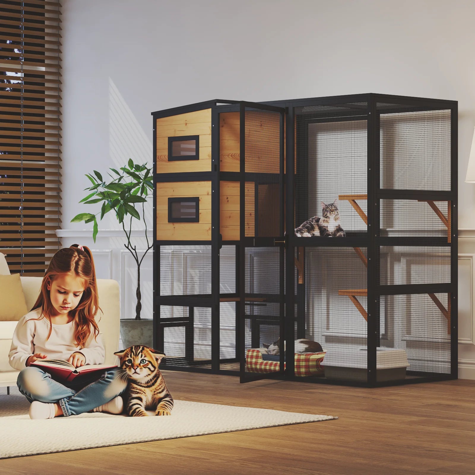 TIMHAKA Catio Outdoor Cat Enclosure Large Wooden Cat House for Mulitiple Cats w/ Resting Box, Platform, Waterproof Roof & Large Door, Black & Yellow