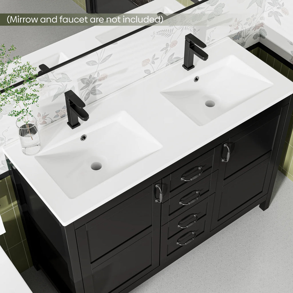 EVOKEDEN 48'' Bathroom Vanity with Sink Combo, Freestanding Farmhouse Thickened Wood Bathroom Storage Cabinet with Undermount Double Sink, 3 Drawers & 2 Soft-Close Doors with Organizers, Black
