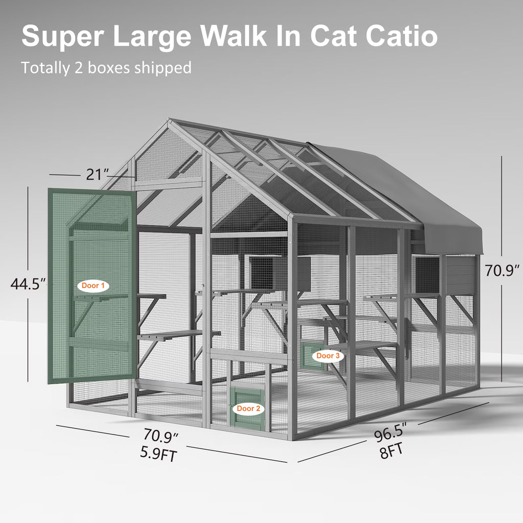 TIMHAKA 97" Outdoor Large Cat Enclosure, Wooden Cat Catio w/ 7 Platforms, 2 Resting Boxes & Weatherproof Cover for Multiple Pets