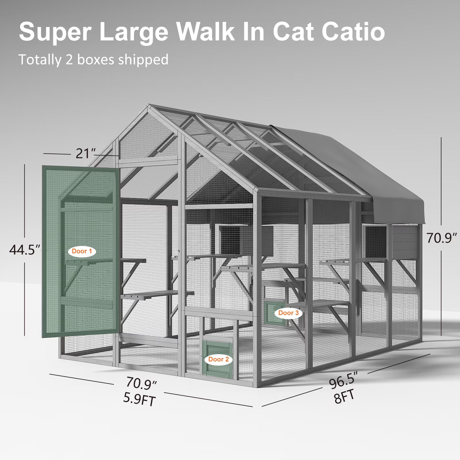 TIMHAKA 97" Outdoor Large Cat Enclosure, Wooden Cat Catio w/ 7 Platforms, 2 Resting Boxes & Weatherproof Cover for Multiple Pets