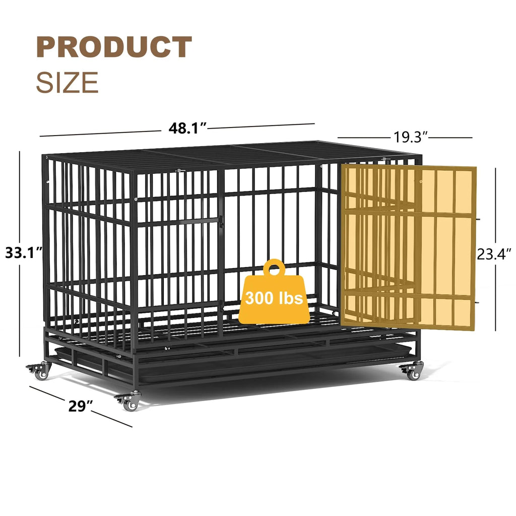TIMHAKA Heavy Duty 2-Door 48" Pet Kennel and Crate for Large Dogs with Wheels