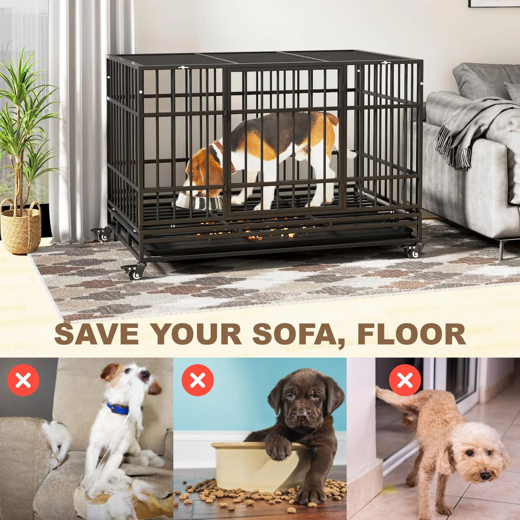 TIMHAKA Heavy Duty 2-Door 48" Pet Kennel and Crate for Large Dogs with Wheels