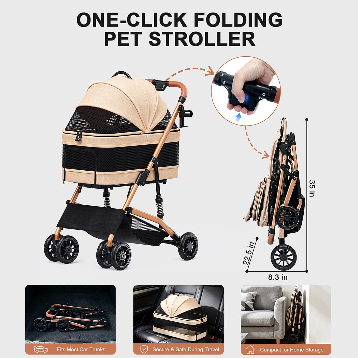 TIMHAKA 3-in-1 Foldable Pet Stroller for Dogs & Cats, Detachable Carrier with Wheels, Khaki