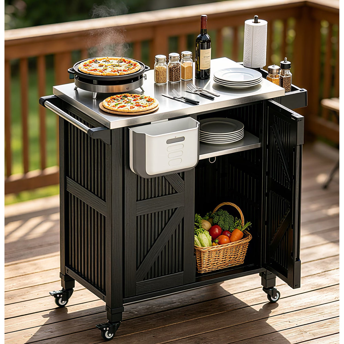 EVOKEDEN Outdoor Grill Cart with Storage Cabinet, Movable Kitchen Island with Wheels, PP Material Rolling BBQ Food Prep Table Cart for Patio, Black