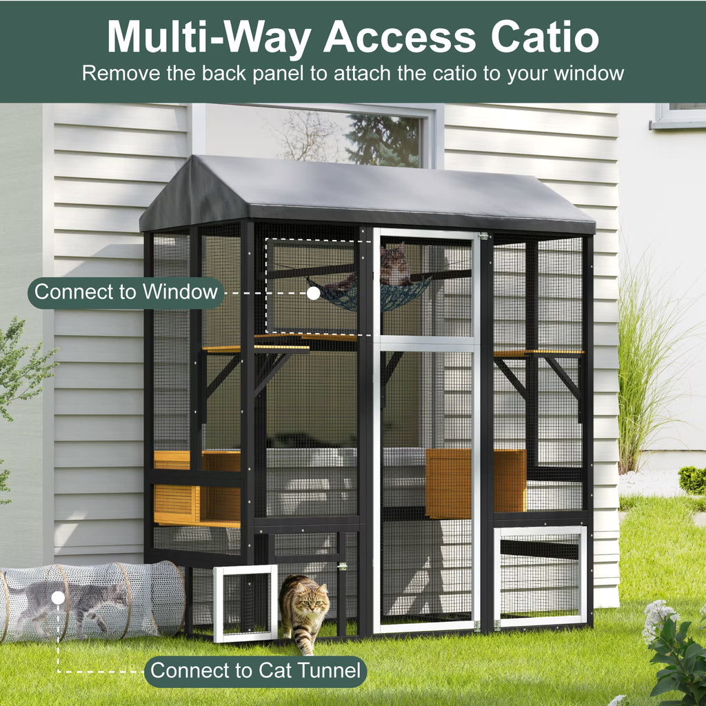TIMHAKA 71'' Catio Outdoor Cat Enclosure, Large Cat Catio with Window Access, Hammock, 7 Platforms and 2 Resting Box, Black