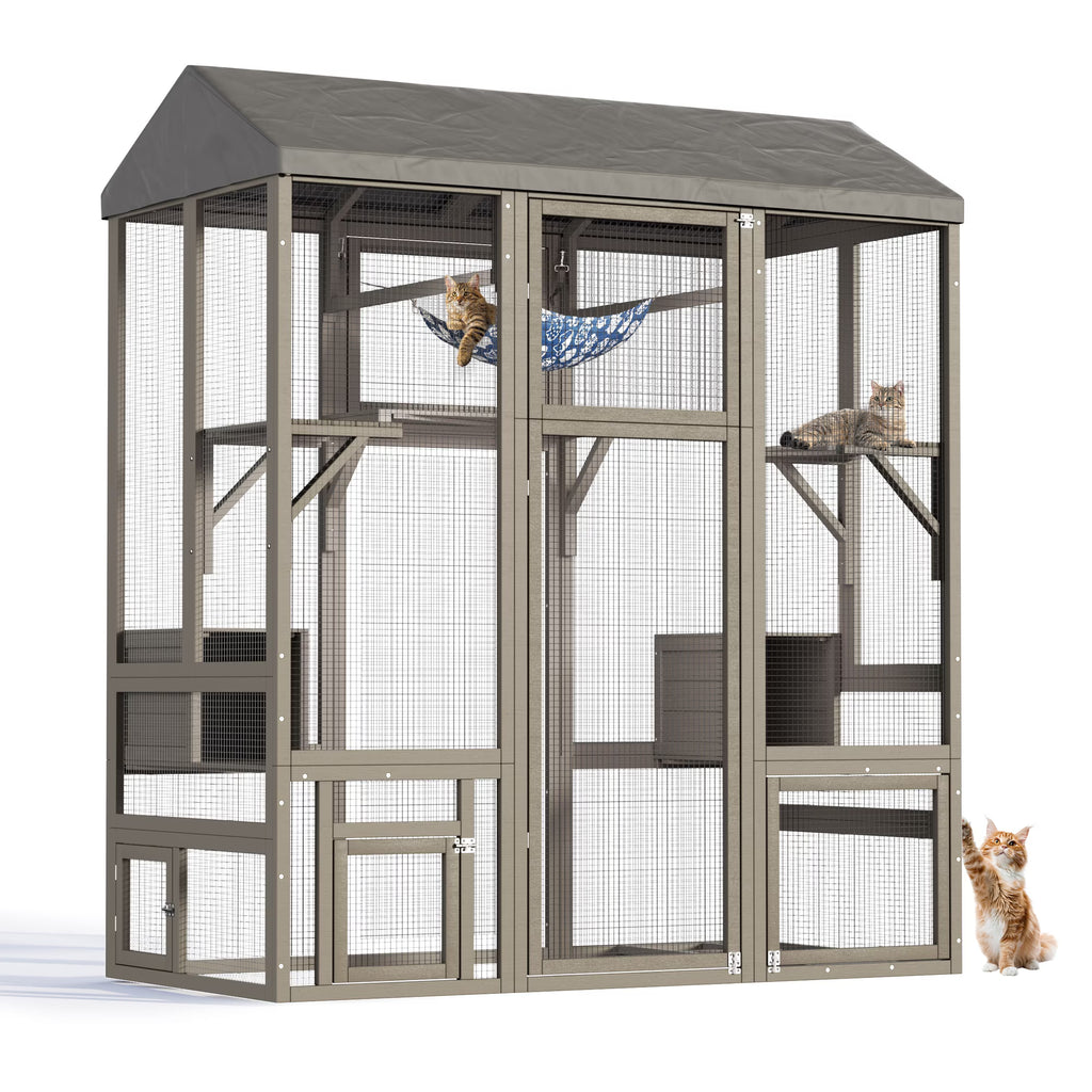 TIMHAKA 71'' Catio Outdoor Cat Enclosure, Large Cat Catio with Window Access, Hammock, 7 Platforms and 2 Resting Box, Gray
