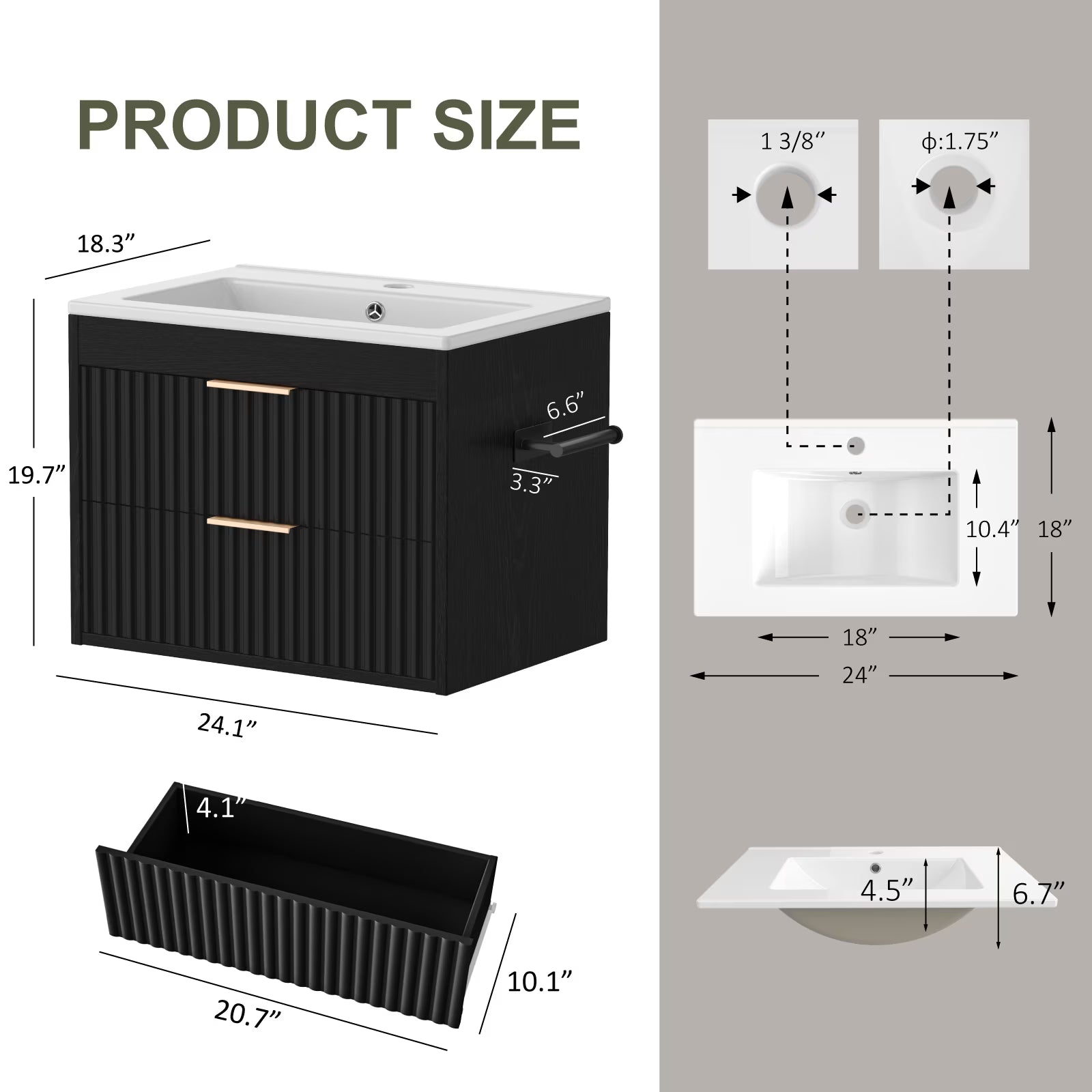 EVOKEDEN 24” Floating Bathroom Vanity with Sink, Wall-Mounted Vanity with 2 Drawers & LED Light, Black