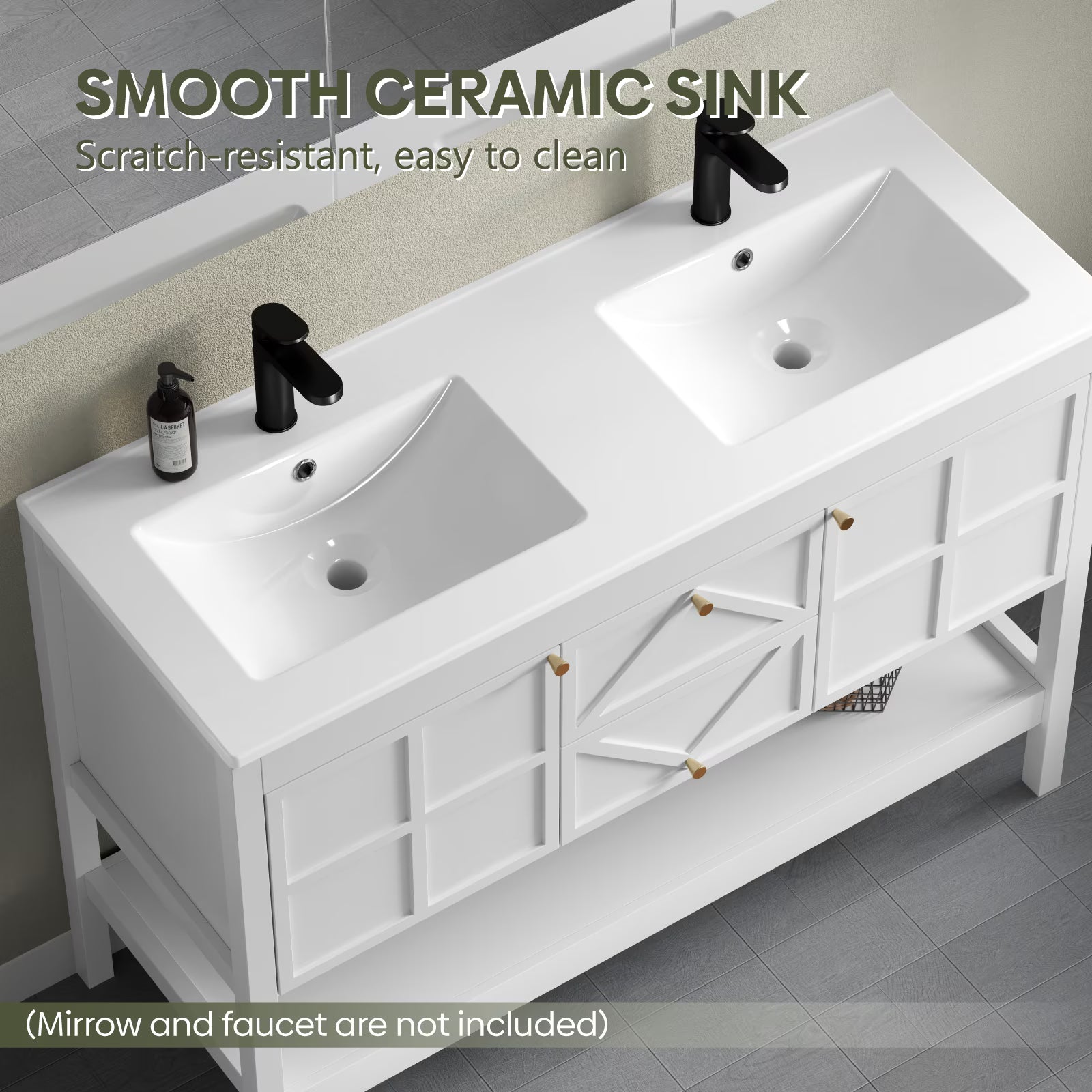 EVOKEDEN 48" Bathroom Vanity with Double Sink Combo, Undermount Sink Bathroom Storage Cabinet with 2 Drawers & 2 Soft-Close Doors, Freestanding Farmhouse Cabinet with Open Storage Shelf, White