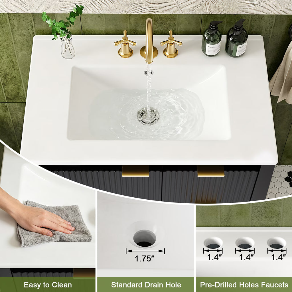 EVOKEDEN 30" Fluted Bathroom Vanity with Sink, Freestanding Vanity Cabinet with 3 Drawers, Black