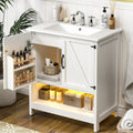 EVOKEDEN 30" Bathroom Vanity w/ Ceramic Sink & LED Light, Freestanding Storage Cabinet w/ Organizer, White