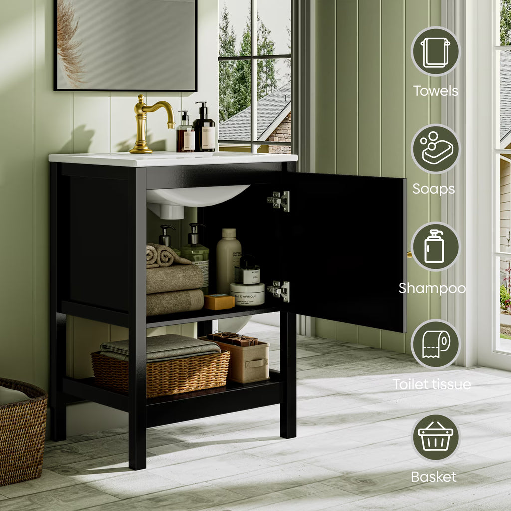 EVOKEDEN 24" Bathroom Vanity with Sink, Small Farmhouse Freestanding Bathroom Cabinet Combo Set, Soft Closing Door and Open Storage Shelf, Black