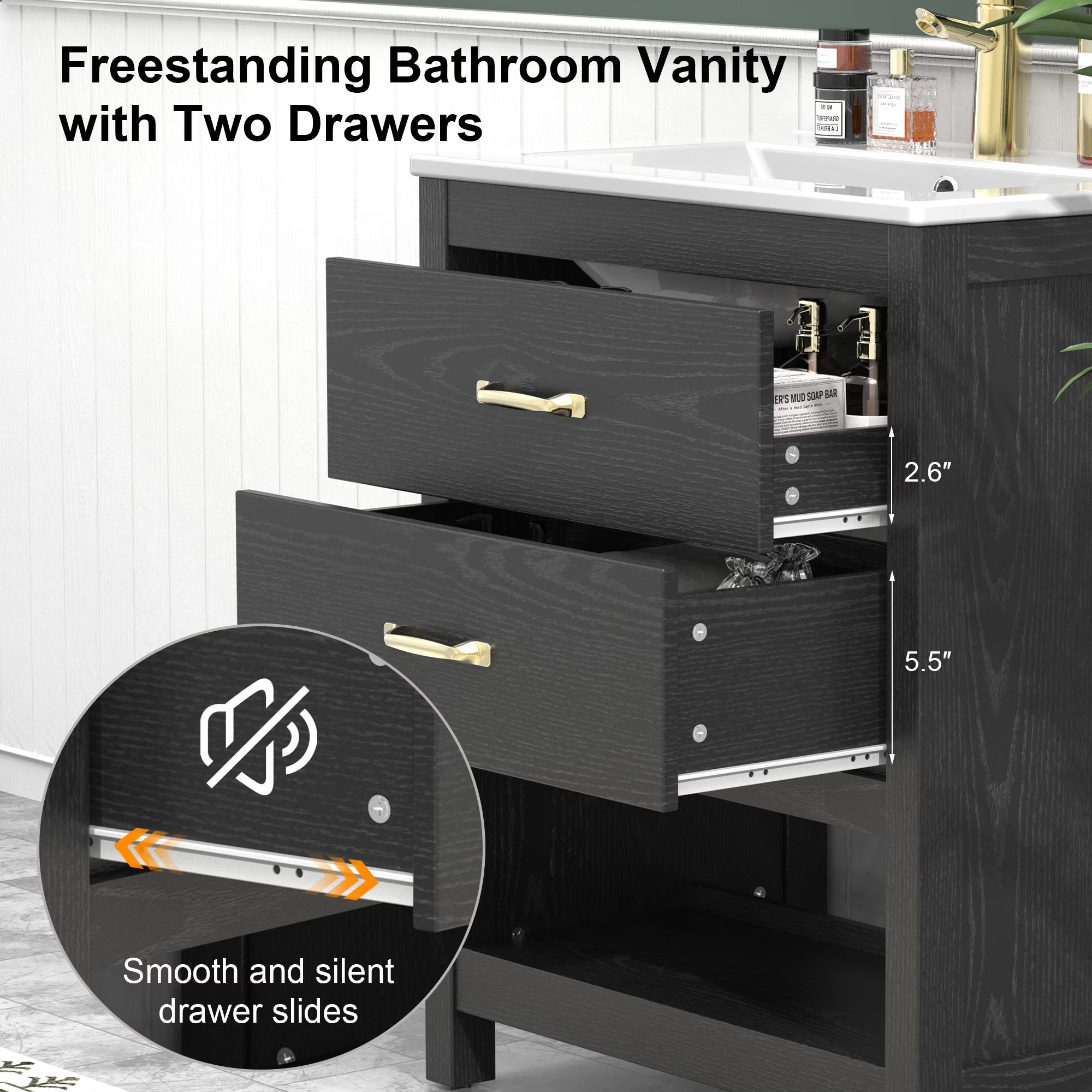 EVOKEDEN 24” Bathroom Vanity with Sink, Modern Bathroom Cabinet Set with LED Light for Small Space, 2 Soft-Close Drawers with Organizer, Black