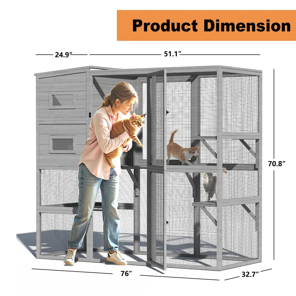 TIMHAKA 4 Tier Catio Outdoor Cat Enclosure, DIY Large Cat Cages Indoor with Window for 3 Cats, Cat Playpens with Resting Box, Platform, Waterproof Roof & Large Door, 76" L x 32.9" W x 70.8" H, Gray