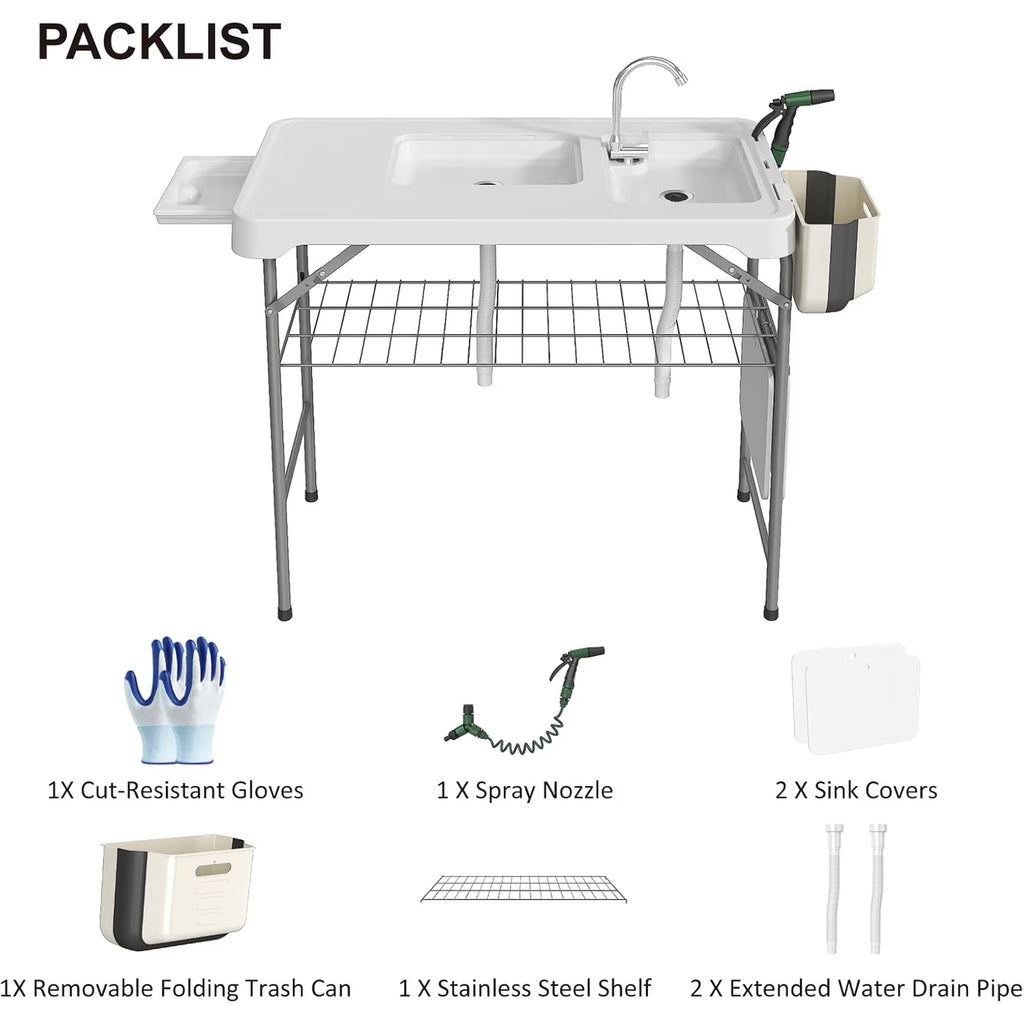 EVOKEDEN 42.5" Fish Cleaning Table wi/ Dual Sink, Portable Folding Camping Table w/ Faucet, Sprayer, Grid Rack, Hose Hook Up & Knife Groove