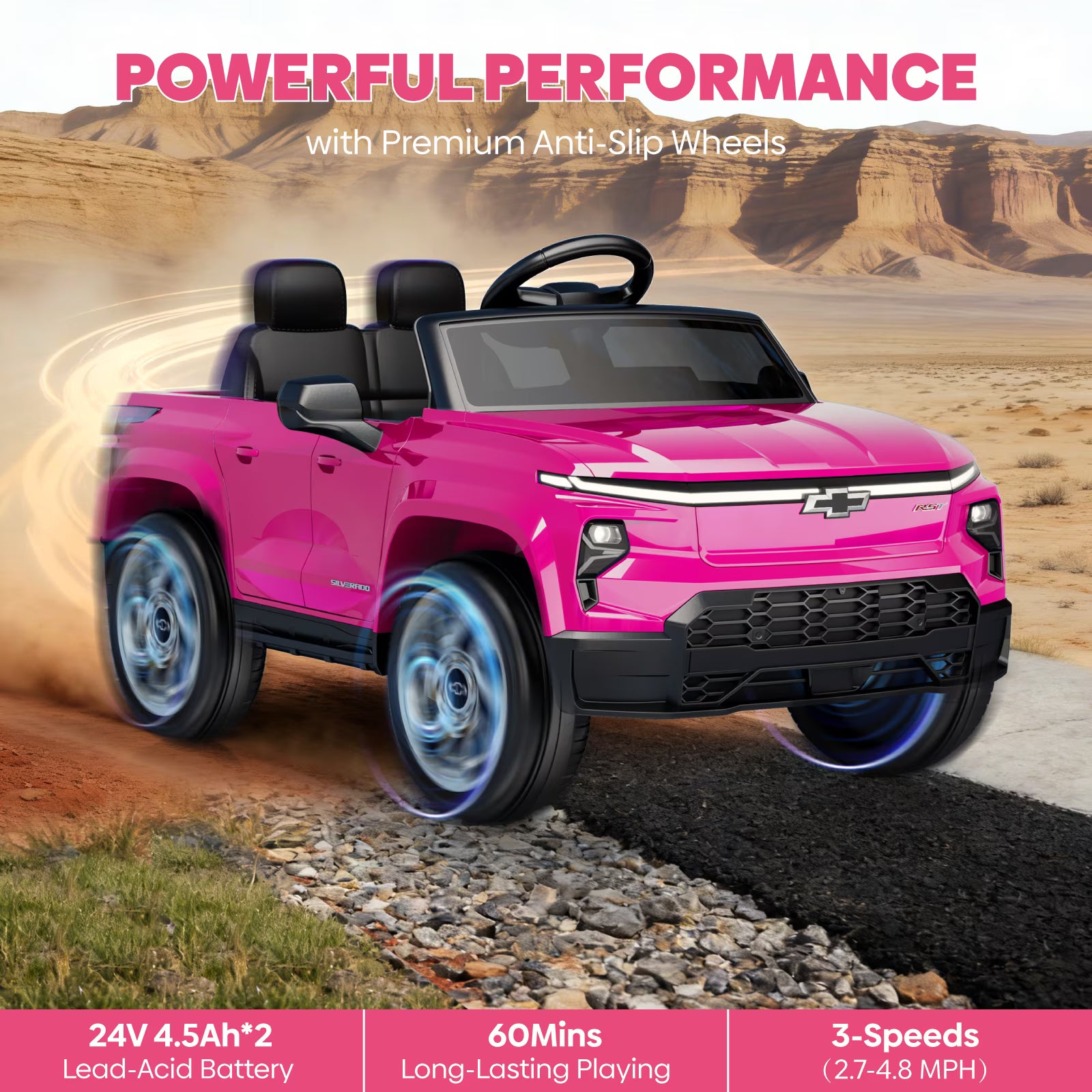 EVOKEDEN 24V Licensed Chevrolet Silverado Electric Car for Kids, Ride on Toys for Toddlers with Remote Control, Soft Start, LED Lights, Music Player, Seat Belts, Pink