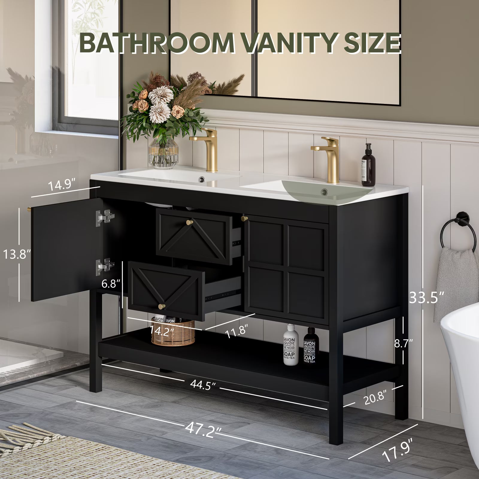 EVOKEDEN 48" Bathroom Vanity with Double Sink Combo, Undermount Sink Bathroom Storage Cabinet with 2 Drawers & 2 Soft-Close Doors, Freestanding Farmhouse Cabinet with Open Storage Shelf, Black