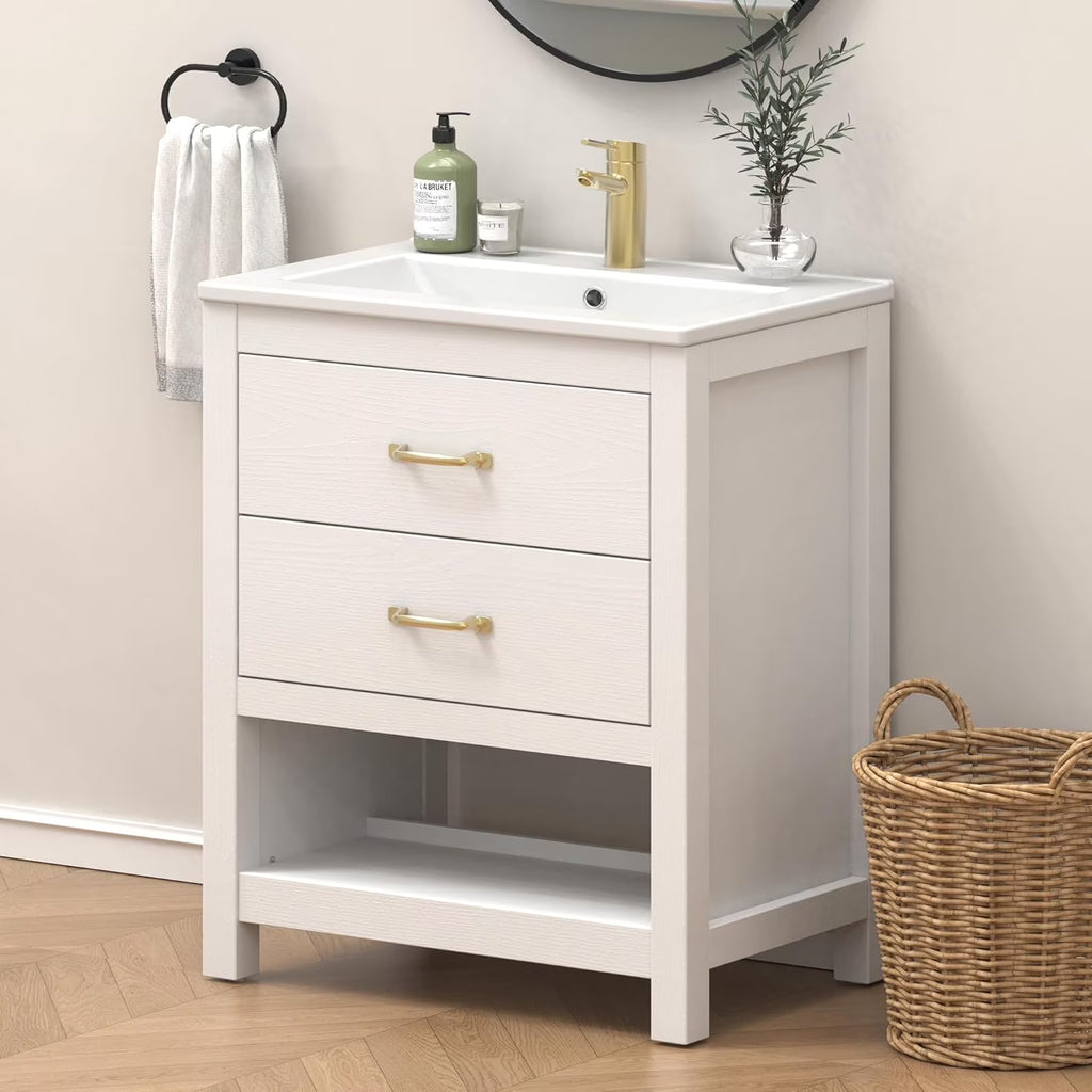 EVOKEDEN 24” Bathroom Vanity with Sink, Modern Bathroom Cabinet Set with LED Light for Small Space, 2 Soft-Close Drawers with Organizer, White
