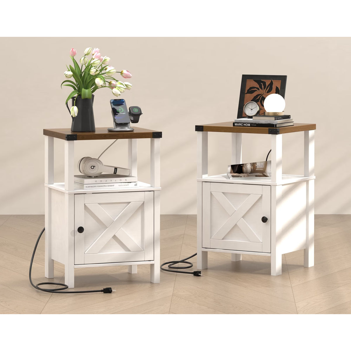 EVOKEDEN 2PCS Farmhouse Nightstands w/ Charging Station & Storage, Wood Side Table w/ Barn Door for Bedroom Living Room, White