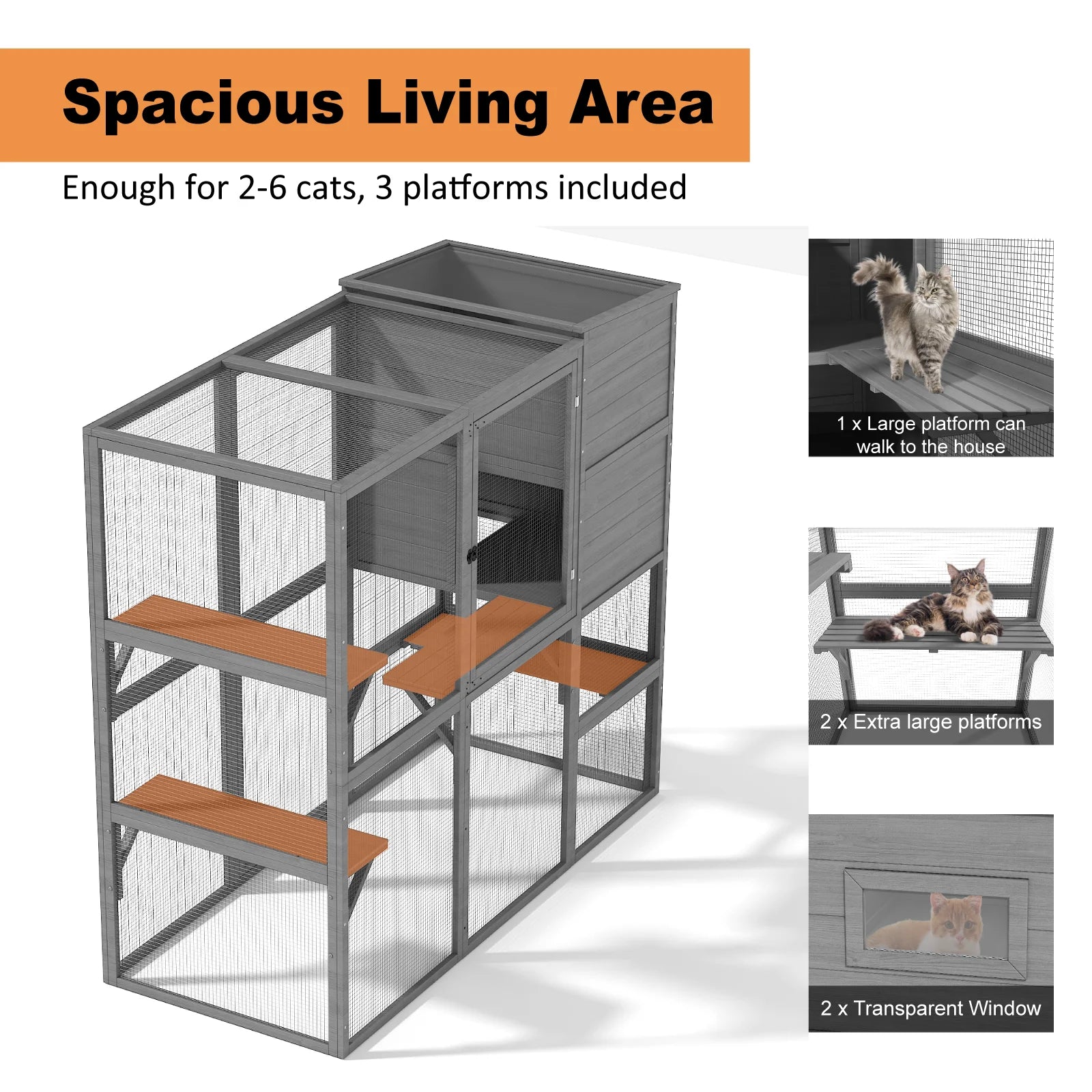 TIMHAKA 4 Tier Catio Outdoor Cat Enclosure, DIY Large Cat Cages Indoor with Window for 3 Cats, Cat Playpens with Resting Box, Platform, Waterproof Roof & Large Door, 76" L x 32.9" W x 70.8" H, Gray