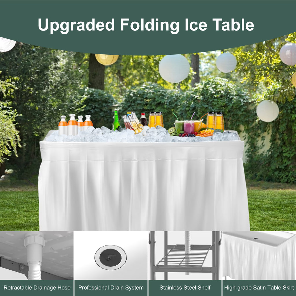 EVOKEDEN 4 Foot Party Ice Cooler Table, Folding Tailgate Camp Fishing Cleaning with Matching Skirt & Drain Hose for BBQ, Camping, Picnic, White