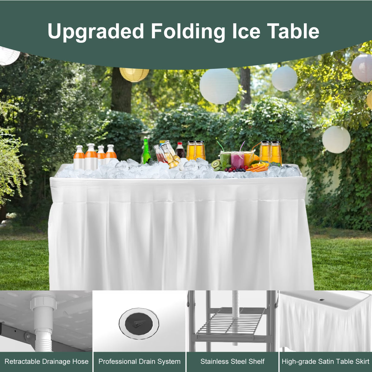 EVOKEDEN 4 Foot Party Ice Cooler Table, Folding Tailgate Camp Fishing Cleaning with Matching Skirt & Drain Hose for BBQ, Camping, Picnic, White
