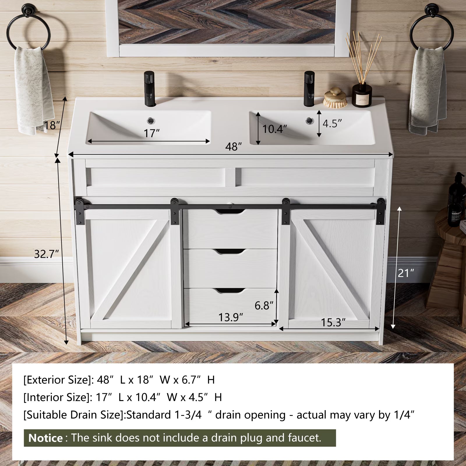 EVOKEDEN 48" Bathroom Vanity with Double Sink Combo, Farmhouse Bathroom Cabinet Set with Sliding Barn Door & 3 Drawers, White