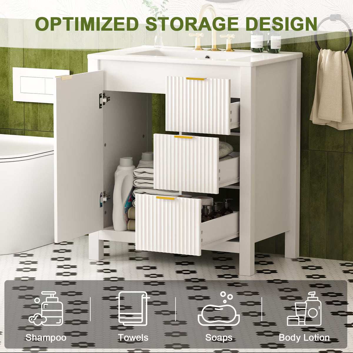 EVOKEDEN 30" Fluted Bathroom Vanity with Sink, Freestanding Vanity Cabinet with 3 Drawers, White