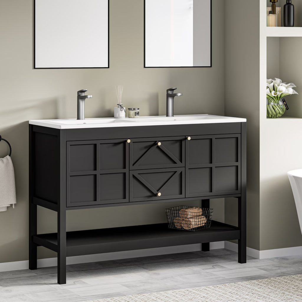 EVOKEDEN 48" Bathroom Vanity with Double Sink Combo, Undermount Sink Bathroom Storage Cabinet with 2 Drawers & 2 Soft-Close Doors, Freestanding Farmhouse Cabinet with Open Storage Shelf, Black