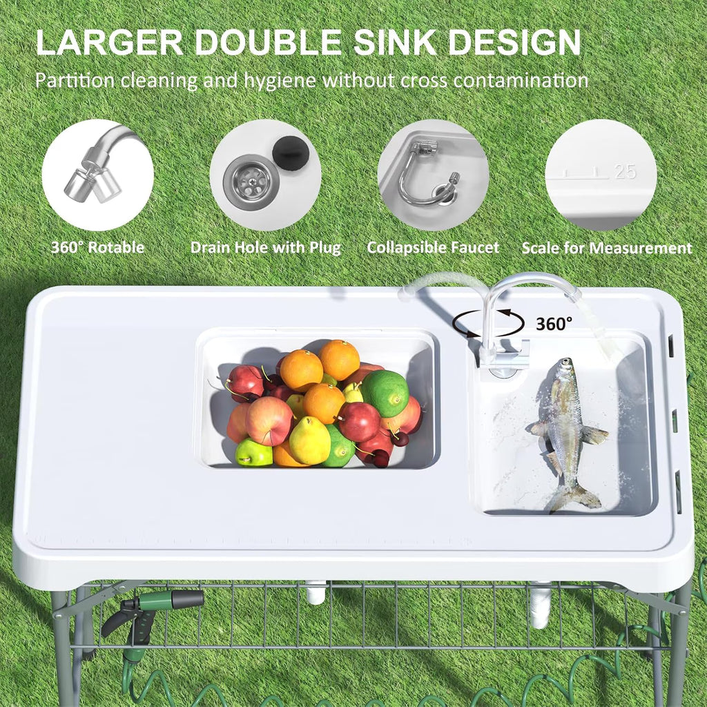 EVOKEDEN 42.5" Fish Cleaning Table wi/ Dual Sink, Portable Folding Camping Table w/ Faucet, Sprayer, Grid Rack, Hose Hook Up & Knife Groove