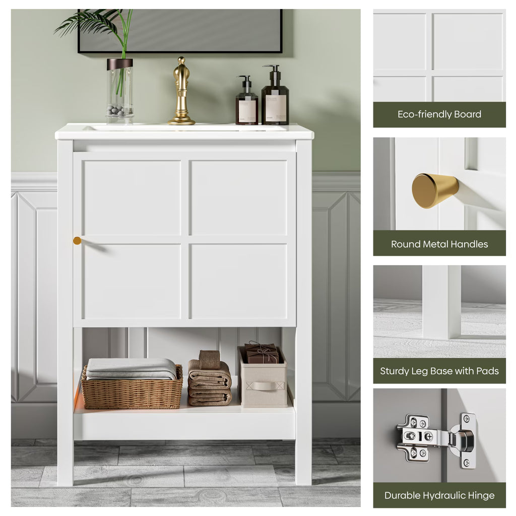 EVOKEDEN 24" Bathroom Vanity with Sink, Small Farmhouse Freestanding Bathroom Cabinet Combo Set, Soft Closing Door and Open Storage Shelf, White