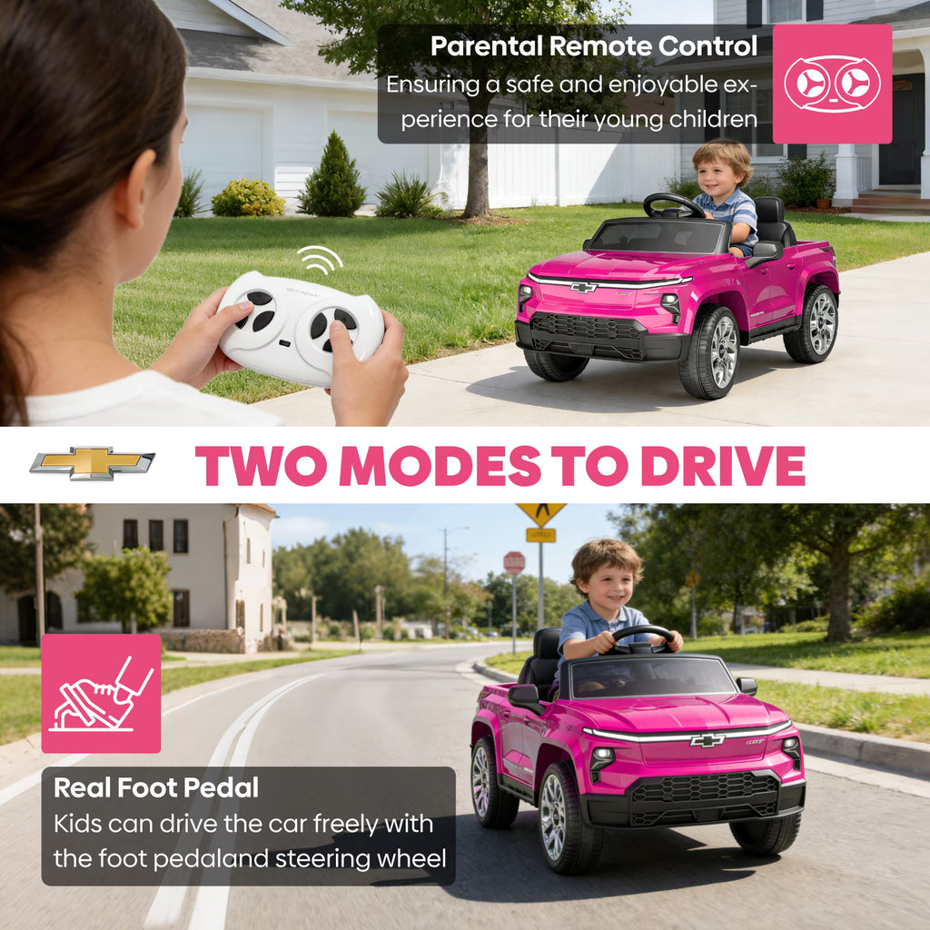 EVOKEDEN 24V Licensed Chevrolet Silverado Electric Car for Kids, Ride on Toys for Toddlers with Remote Control, Soft Start, LED Lights, Music Player, Seat Belts, Pink