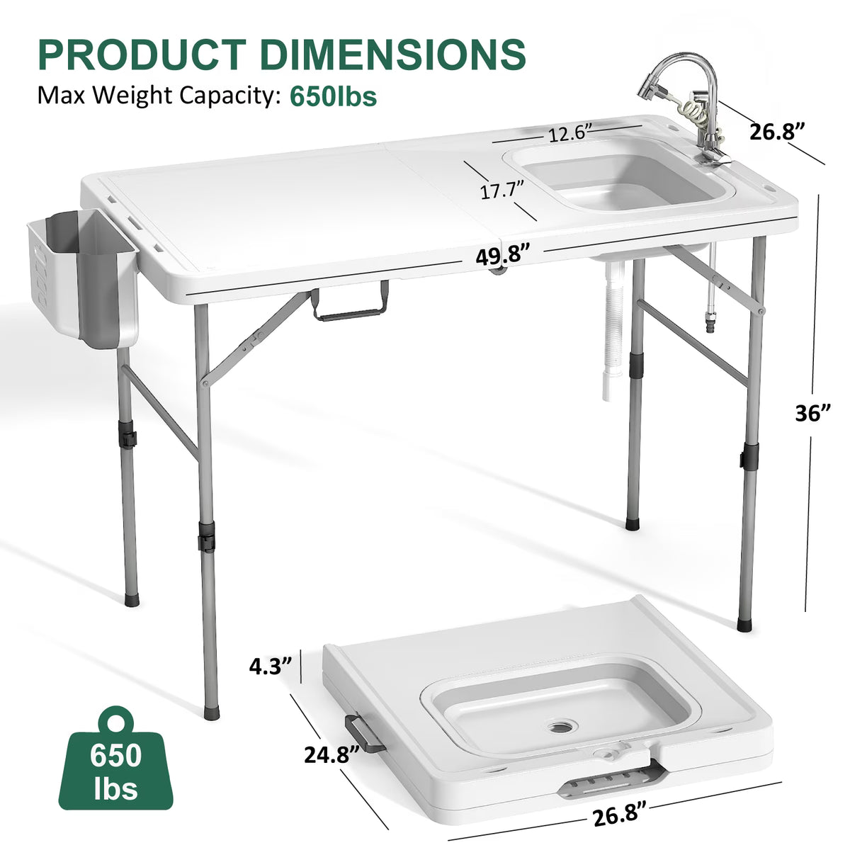 EVOKEDEN 50" Fish Cleaning Table w/ Sink Bi-Folding Portable Camping Sink Station with Drain Hose, Trash Can, Gloves and Cleaning Kits