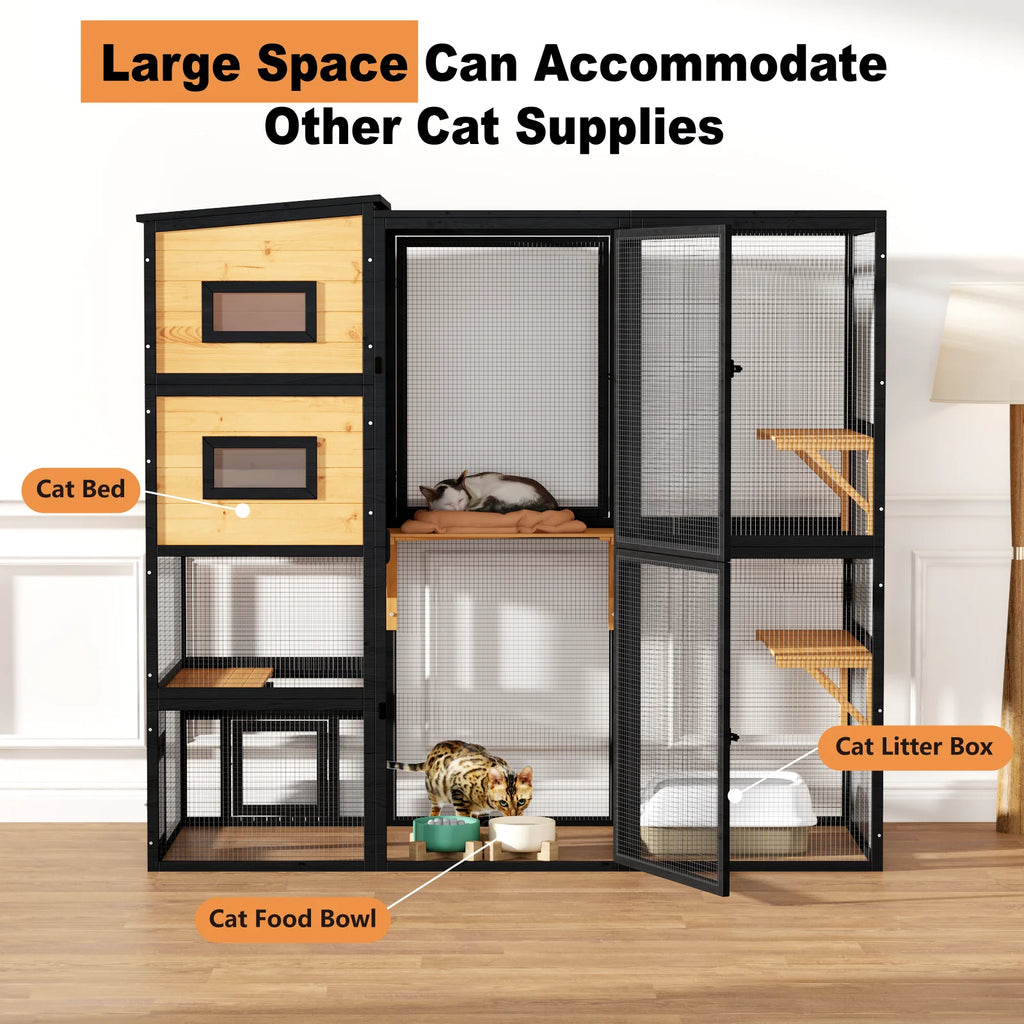 TIMHAKA Catio Outdoor Cat Enclosure Large Wooden Cat House for Mulitiple Cats w/ Resting Box, Platform, Waterproof Roof & Large Door, Black & Yellow